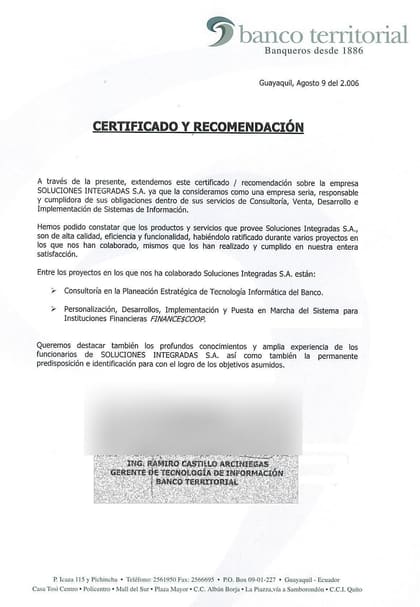 Carta de referencia de Banco Territorial, 2006