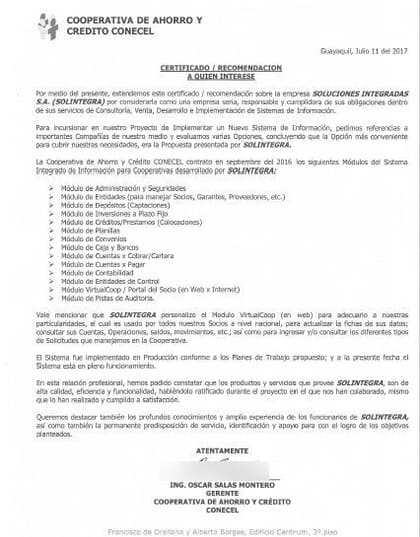 Carta de referencia de Cooperativa de Ahorro y Crédito CONECEL, 2017