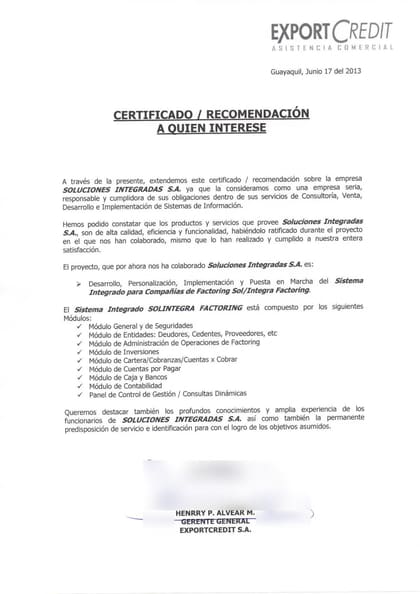 Carta de referencia de ExportCredit S.A., 2013