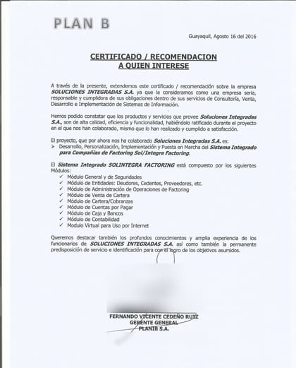 Carta de referencia de PLANIB S.A. (Plan B), 2016