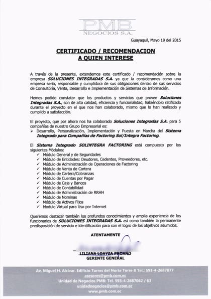 Carta de referencia de PMB Negocios S.A., 2015