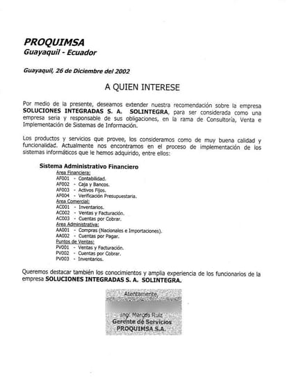 Carta de referencia de PROQUIMSA S.A., 2002